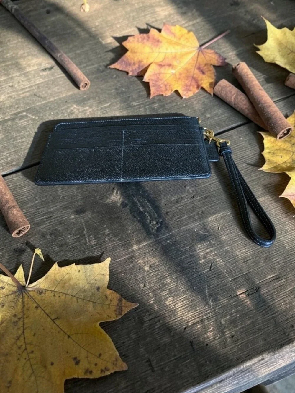 NWT Coach Black Pebbled Leather Wristlet with Gold 'C' Accent